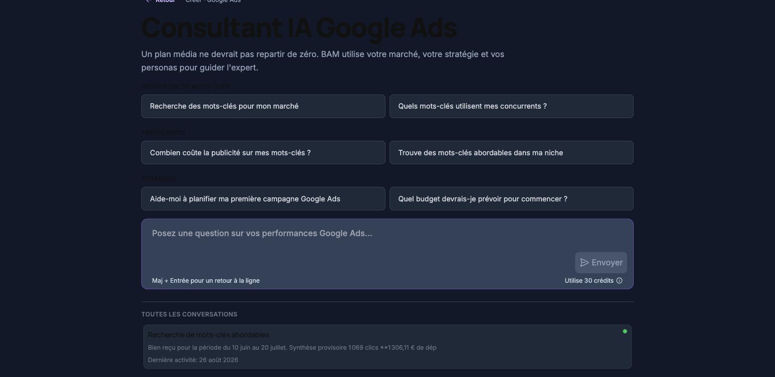 L'espace Créer de BAM : la grille des formats, avec l'entrée Google Ads (audit, mots-clés, campagnes)