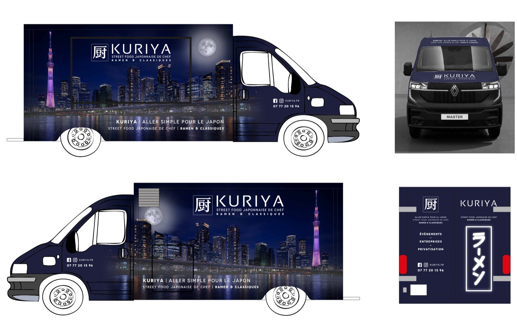 Covering final du food truck Kuriya : deux flancs skyline nocturne indigo, face avant et arrière avec néon ramen