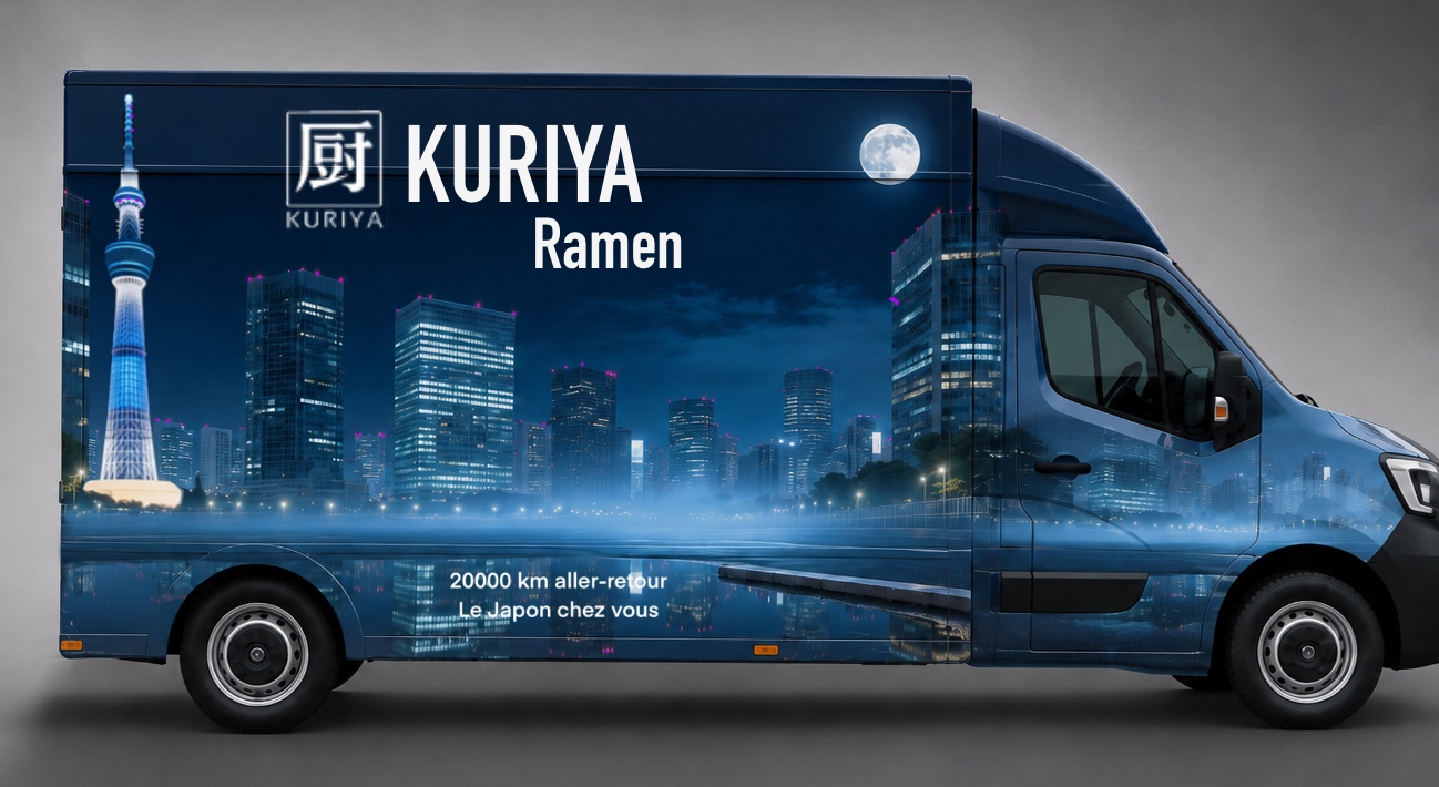 Identité finale du food truck Kuriya : skyline nocturne indigo, tour de Tokyo, estampille kanji et promesse « 20 000 km aller-retour, le Japon chez vous »