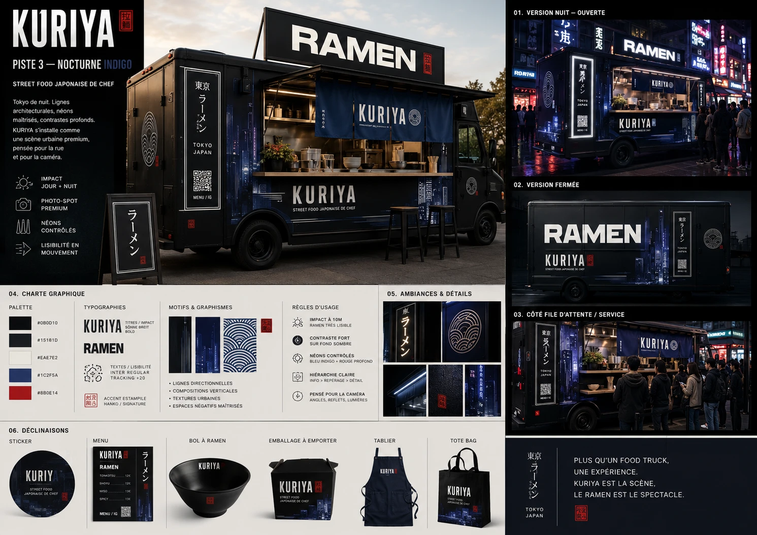 Piste « Nocturne Indigo » : camion noir, noren indigo, scène urbaine de nuit