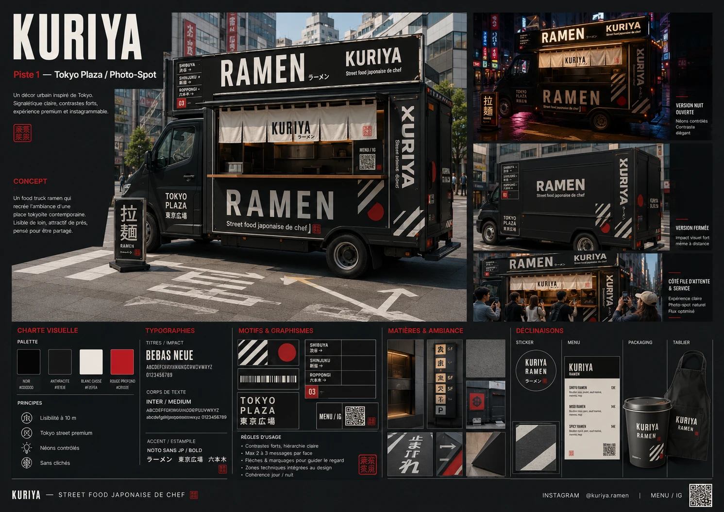 Piste « Tokyo Plaza / Photo-Spot » : camion noir signalétique, place tokyoïte contemporaine