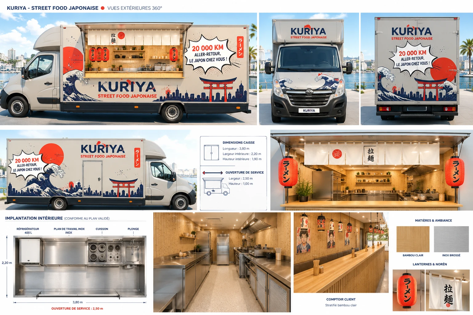 Piste ChatGPT du food truck Kuriya en situation : vues extérieures 360° et intérieur bambou