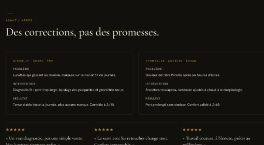 Section avant/après du site PATER : deux cas clients détaillés et une rangée d’avis